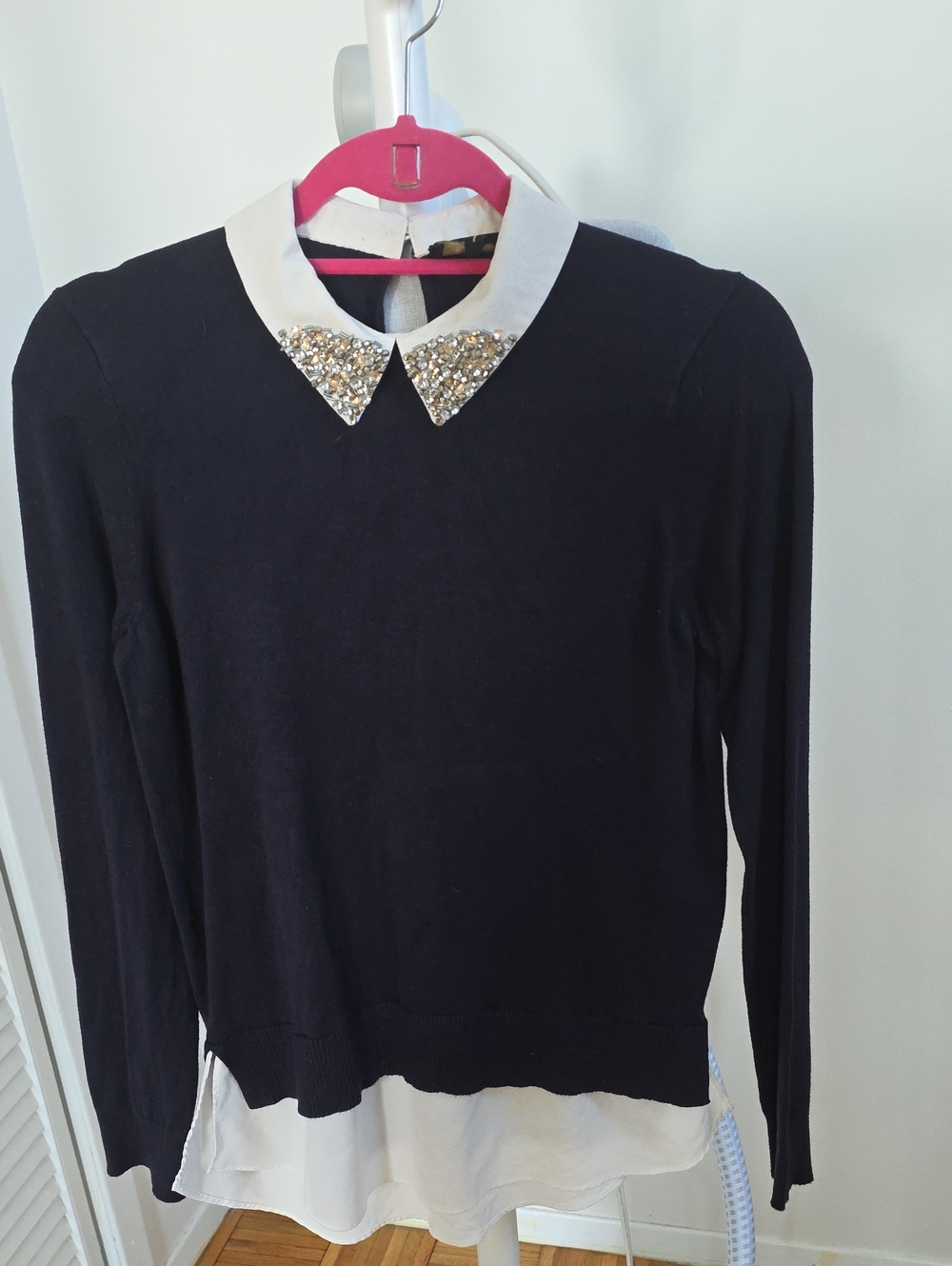 Ted Baker Dark Blurle Long Sleeve Top with White Embellished Collar